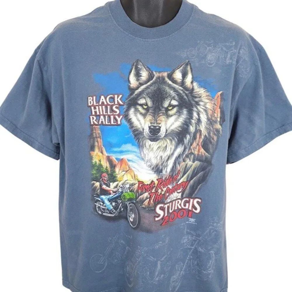 Vintage Sturgis T Shirt Mens Size Large Blue Y2K 2001 All Over Print Black Hills